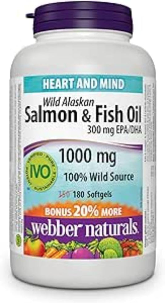 Webber Naturals Wild Alaskan Salmon and Fish Oil 1,000 mg, 180 Softgels, Supports Heart, Brain and Joint Health