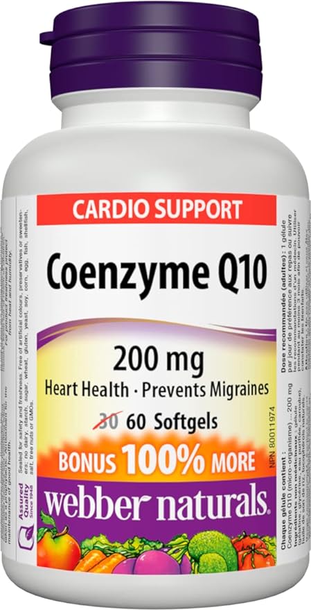 Webber Naturals Coenzyme Q10 (CoQ10) 200mg, High Potency Antioxidant, Non-GMO, Gluten Free, 60 softgels, for Heart Health and Cellular Energy Production